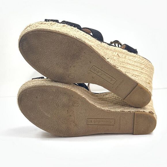 American Eagle Wedge Sandals Womens 7 Black Faux Suede Espadrille Ankle Strap - Picture 4 of 12